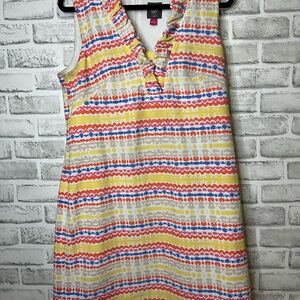 Vince Camuto Pink blue white Yellow zipper  Sleeveless Sundress ruffles size 14